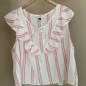 White & Red Striped Flutter Sleeve Linen Blouse